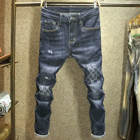 秋冬款高端字母镶钻男士牛仔裤破洞修身小脚裤深蓝色休闲百搭长裤商品大图