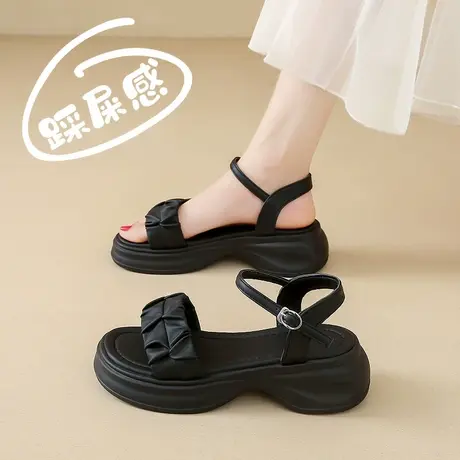 气质黑色时装凉鞋女2025夏季新款厚底罗马鞋软底不累脚配裙子时尚图片