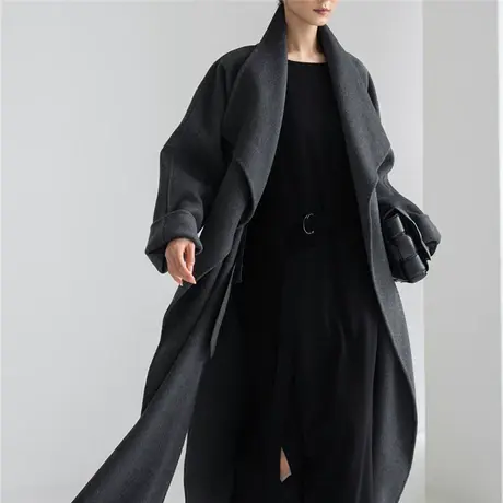 秋冬新款呢外套女长款韩版宽松翻领系带收腰气质大开叉呢子大衣潮图片