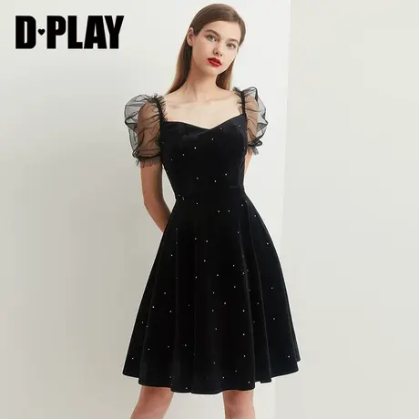 DPLAY德帕拉春季新品黑色V领复古网纱泡泡袖丝绒年会礼服裙女图片