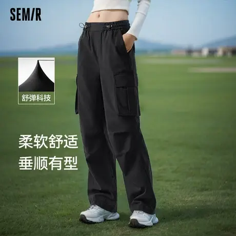 森马休闲裤女高街黑色阔腿裤盐系2024新款秋季酷飒风抽绳工装裤潮商品大图