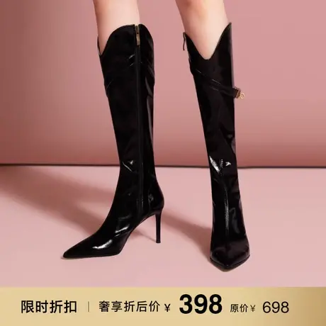 熙漫2023秋冬新款漆皮性感粗跟长靴金属舒适小个子高跟尖头长靴女图片