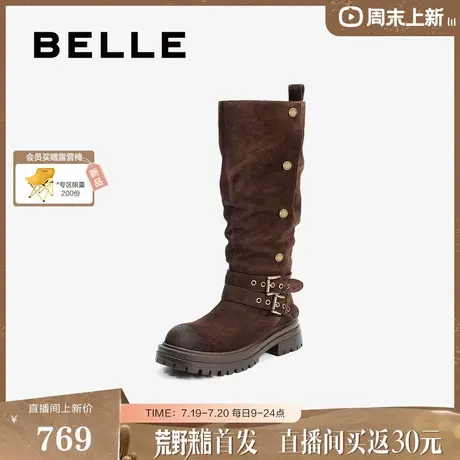 百丽女靴子复古绒面西部靴女2025冬季新款堆堆靴高筒靴B2825DG5预商品大图