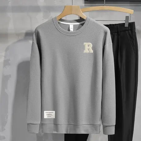 华夫格卫衣男2023新款秋季潮流宽松圆领无帽上衣长袖t恤休闲百搭商品大图