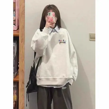 花灰色圆领星星卫衣女秋冬款宽松慵懒风加绒加厚美式小众无帽上衣图片