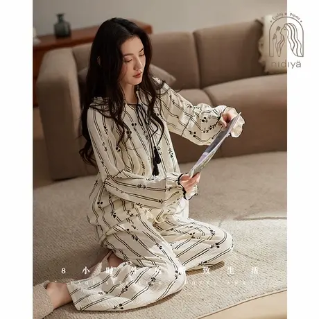妮狄娅秋季睡衣女纯棉纱布长袖春秋季水墨花卉复古优雅家居服套装商品大图