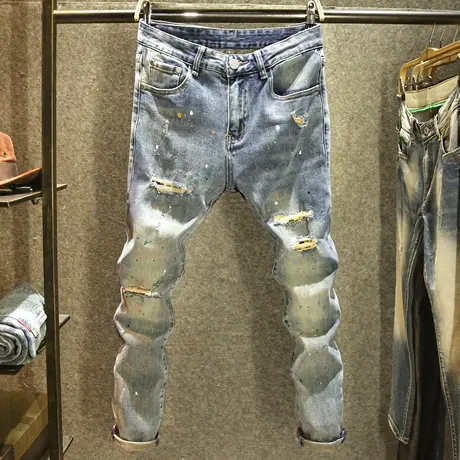 个性潮流破洞补丁牛仔裤男秋冬款手工泼墨潮牌设计修身小脚裤厚款商品大图