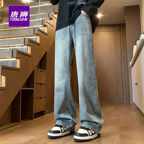 唐狮秋季新款牛仔裤男直筒宽松水洗做旧复古简约微喇叭裤子AX图片