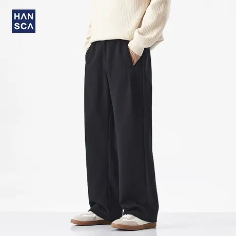 hansca直筒垂感休闲裤男春秋季慵懒风宽松压褶针织肌理感保暖西裤商品大图