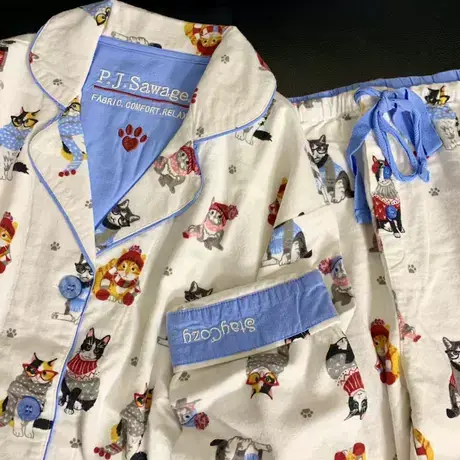 新品！秋冬款双面磨毛全棉西装领长袖长裤睡衣套装少女家居服商品大图