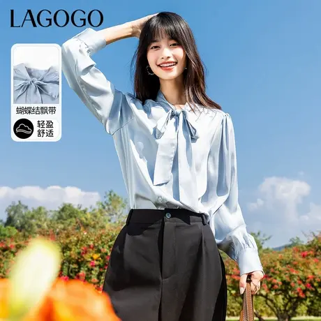 LAGOGO仿醋酸缎面衬衫女拉谷谷春季新款法式蝴蝶结气质长袖上衣商品大图