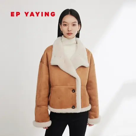 [环保皮草]EP雅莹女装 毛翻领短款咖色大衣外套 2023秋冬新8602A图片