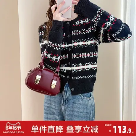 唐狮2026秋冬毛衣外套女复古风图案圆领针织开衫高级感时尚装商品大图