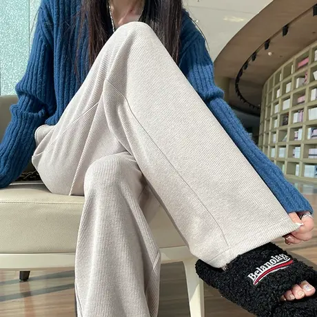 白色雪尼尔阔腿裤女2023年秋冬新款高腰宽松灯芯绒加厚直筒休闲裤商品大图