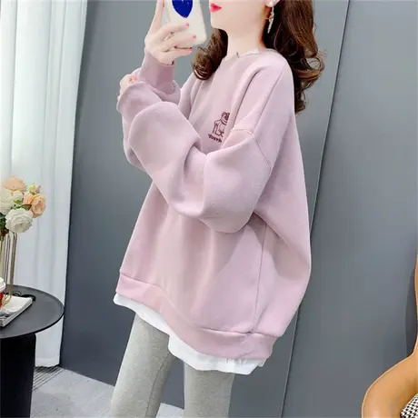 假两件圆领卫衣女加绒加厚2023新款秋冬韩版宽松洋气长袖外套上衣商品大图