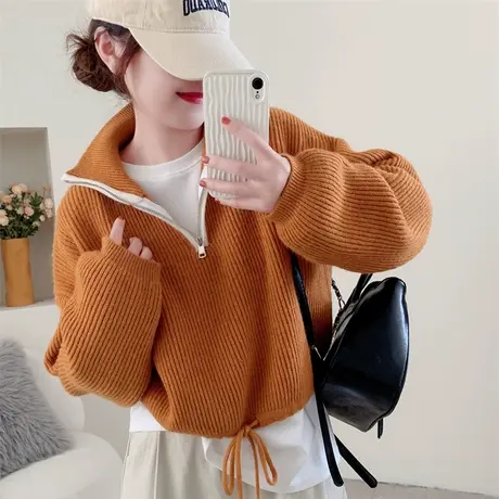 设计感下摆抽绳半拉链套头毛衣女秋冬新款宽松短款小个子针织上衣商品大图