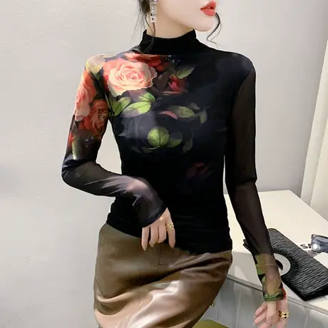 秋冬新款半高领T恤女长袖性感网纱扎染印花上衣洋气修身打底衫ins商品大图