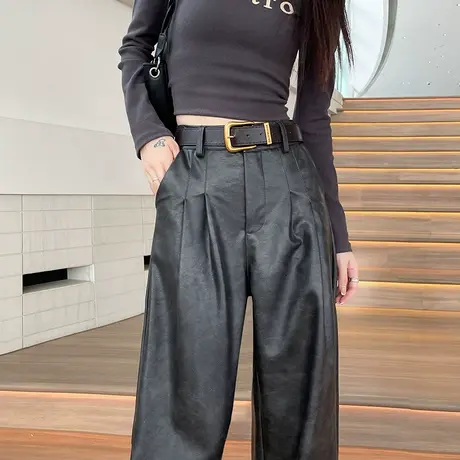 复古美拉德黑色皮裤女2023秋冬新款PU皮褶皱设计感高腰休闲阔腿裤商品大图