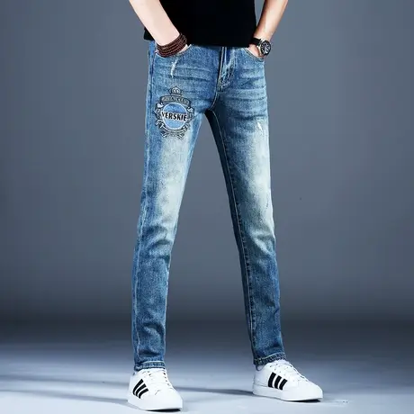 牛仔裤男秋款新款美式高街裤子潮流痞帅弹力潮牌印花小脚修身高档商品大图