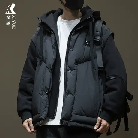 希越新国标鸭绒假两件卫衣式羽绒服男士连帽大码高级感外套秋冬季商品大图