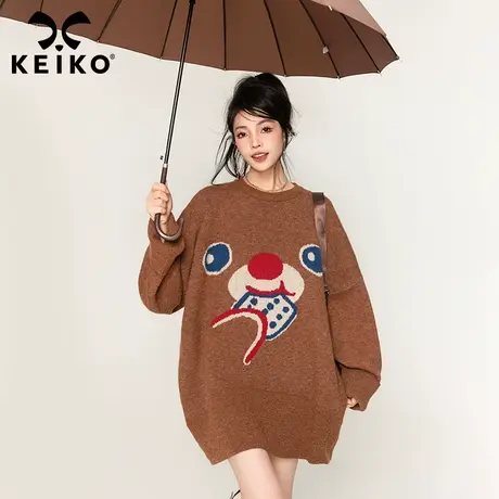 KEIKO 可爱小熊提花中长款毛衣加厚23秋冬慵懒oversize针织衫外套商品大图