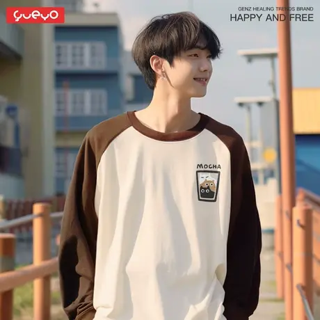 悦游 摩卡拿铁 猫咪咖啡情侣重磅纯棉300g日系拼色长袖插肩T恤男图片