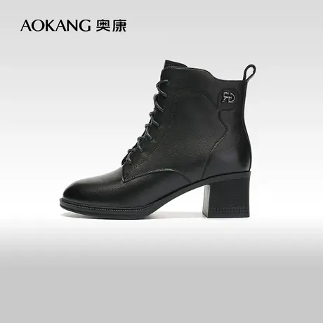 【门店发货】奥康女鞋 2023冬季新款百搭时装靴真皮加绒粗跟增高商品大图