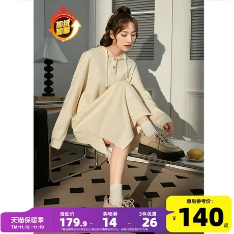 唐狮长袖针织连衣裙女秋冬款连衣裙2023新款连帽加绒长款卫衣裙N图片