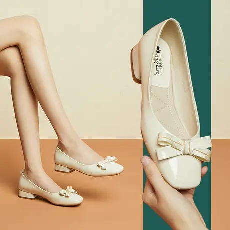 秋季新款甜美蝴蝶结时尚浅口单鞋女真皮方头平底红色软底瓢鞋商品大图