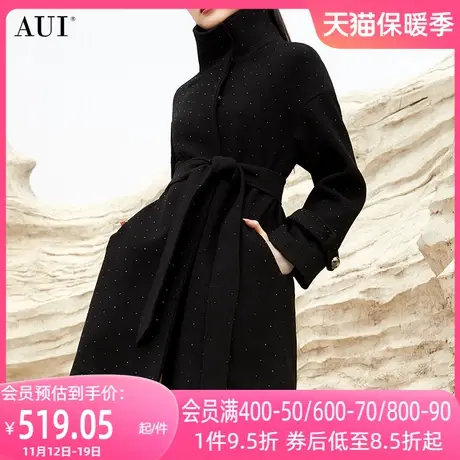 AUI黑色御姐气质立领毛呢外套女2023冬新款中长款修身呢子大衣厚图片