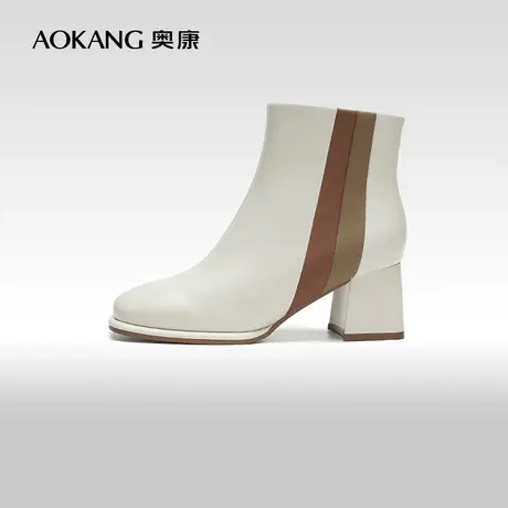【门店发货】奥康女鞋 2023冬季新款真皮简约大气通勤女靴及踝靴商品大图
