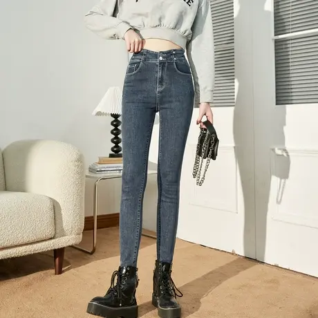 唐狮牛仔裤女春秋黑色高腰显瘦小脚裤紧身裤修身显高弹力铅笔裤图片