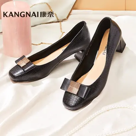 康奈女鞋时尚都市春秋新品低帮圆头套脚单鞋方跟日常百搭通勤皮鞋商品大图