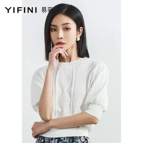 Yifini/易菲宽松优雅复古提花针织衫女夏装新款圆领中袖毛衫商品大图