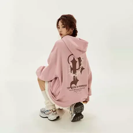 脏粉色连帽卫衣女加绒2023新款秋冬设计感美式复古oversize上衣潮商品大图