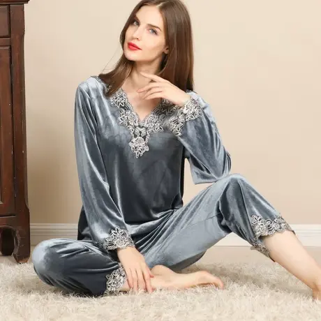 金丝绒睡衣女秋冬珊瑚绒保暖睡衣套装女长袖长裤大码天鹅绒家居服图片