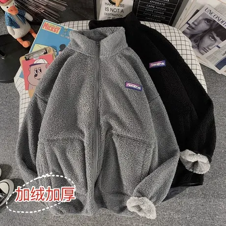 羊羔绒外套男秋冬季加绒加厚棉服ins情侣高街潮牌宽松棉袄ins上衣商品大图