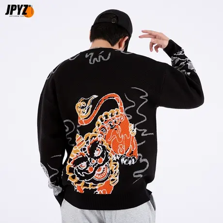 街派一族圆领毛衣男ins国潮宽松百搭针织衫慵懒风印花线衣秋外套图片