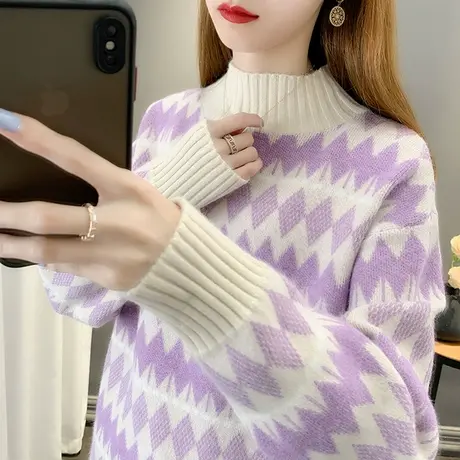 半高领毛衣女套头2023新款春装拼色减龄针织衫百搭长袖百搭打底衫商品大图