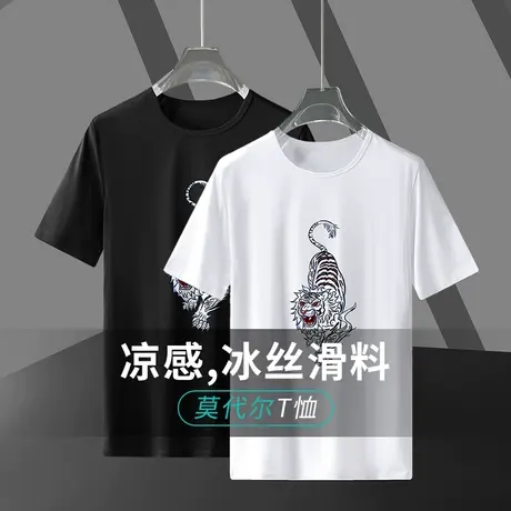 莫代尔国潮t恤男短袖夏季冰丝速干凉感白色上衣服圆领半袖体恤衫商品大图