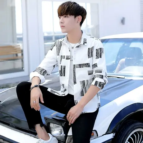 衬衫男长袖夏季格子港风薄款宽松衬衣青少年学生帅气潮流休闲上衣商品大图