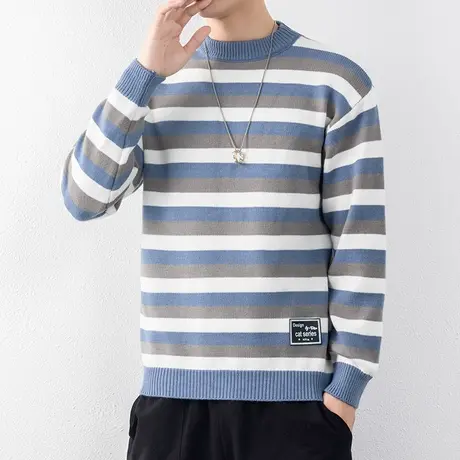 条纹毛衣男潮冬季基础圆领针织打底衫男青少年加厚保暖内搭毛线衣商品大图