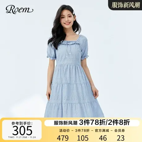 Roem方领花瓣袖商场同款春夏新品清新蓝色法式减龄娃娃蛋糕连衣裙图片