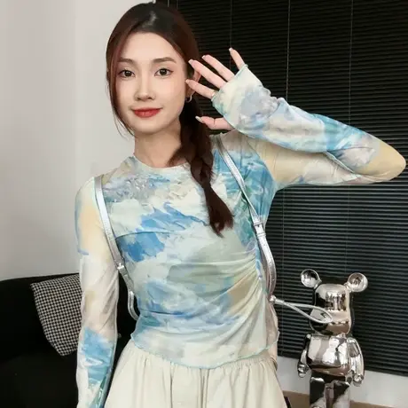 尔给短款网纱上衣女夏款2023新款设计感小众小个子防晒衫长袖薄款商品大图