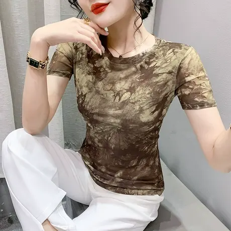 复古晕染印花T恤女短袖设计感小众圆领上衣性感网纱修身小衫夏装商品大图