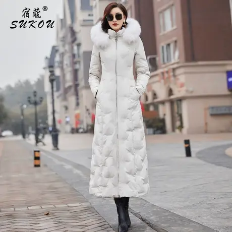 优雅白色羽绒服女2024年冬装新款大狐狸毛领白鸭绒收腰长款到脚踝图片