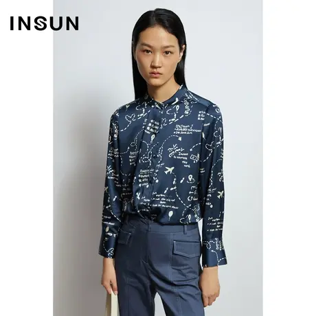 INSUN恩裳秋季桑蚕丝涂鸦长袖圆领衬衫图片