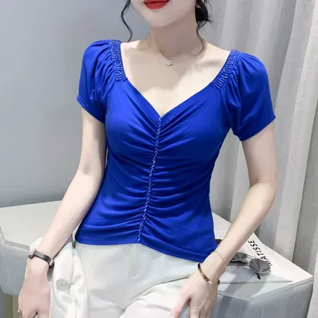 欧货时尚钉珠短袖T恤女2024夏季性感V领上衣设计感女小众洋气小衫图片