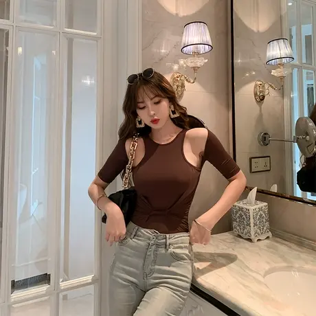 泫雅风网红ins潮上衣女夏短款修身纯色T恤弹力百搭原宿风女装早秋图片