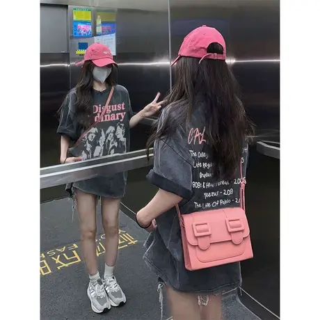 美式复古水洗做旧短袖t恤女夏季新款设计感小众宽松oversize上衣商品大图